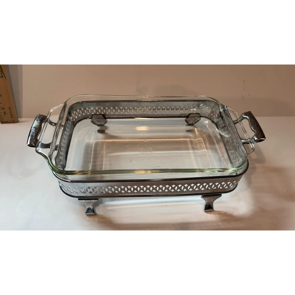 Vintage Anchor Hocking Fire-King Glass Casserole Dish with Footed Metal Cradle